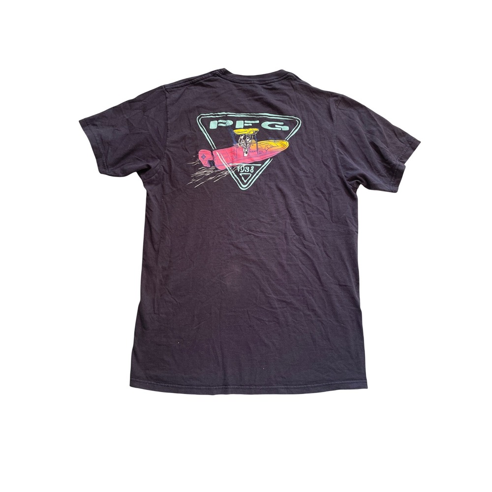 Columbia PFG Mens T-Shirt Medium Black Neon Boat Graphic Short Sleeve Cotton